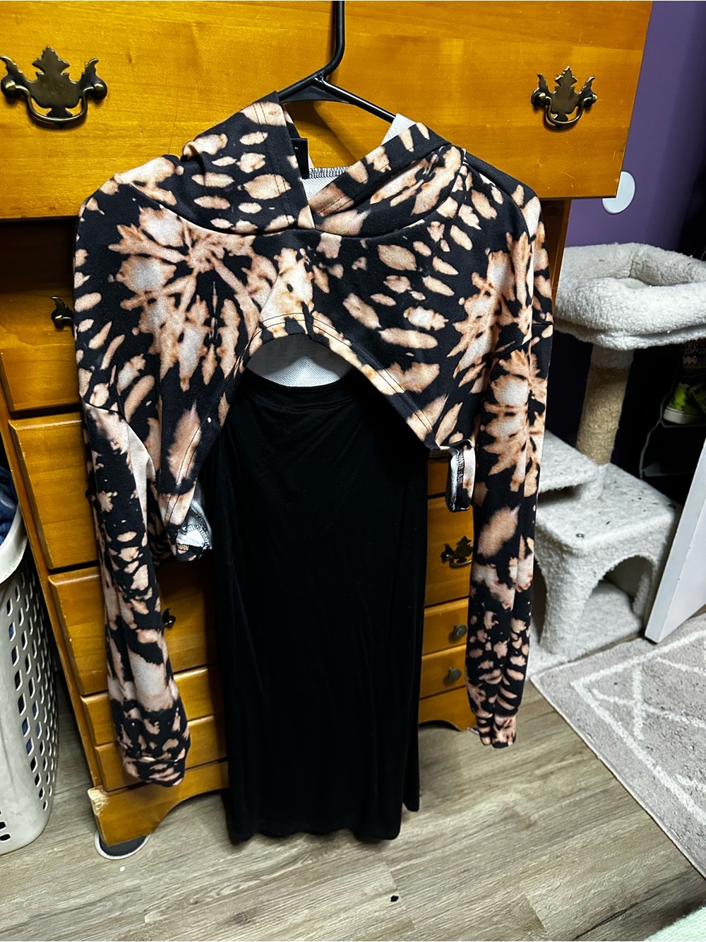 Tie-Dye Cropped Hoodie in Black and Cream with dress
